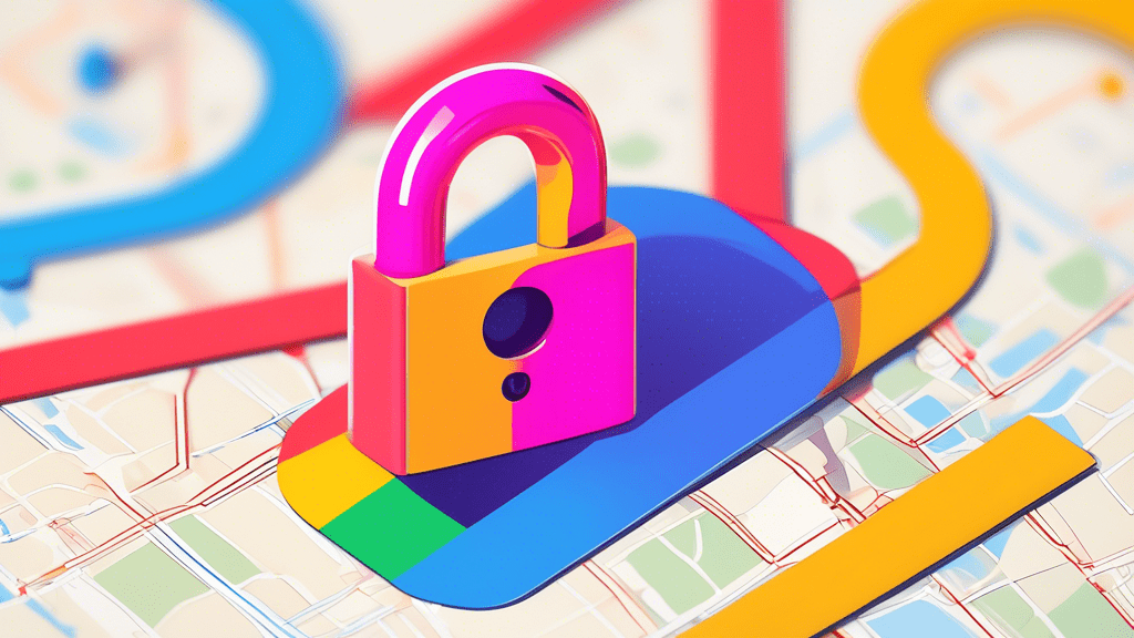 A padlock wrapped in a Google Maps location pin with a keyhole shaped like an eye, hovering over a bar graph with an upward trend.
