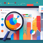 A magnifying glass hovering over a Google My Business storefront, revealing colorful charts and graphs analyzing customer data.