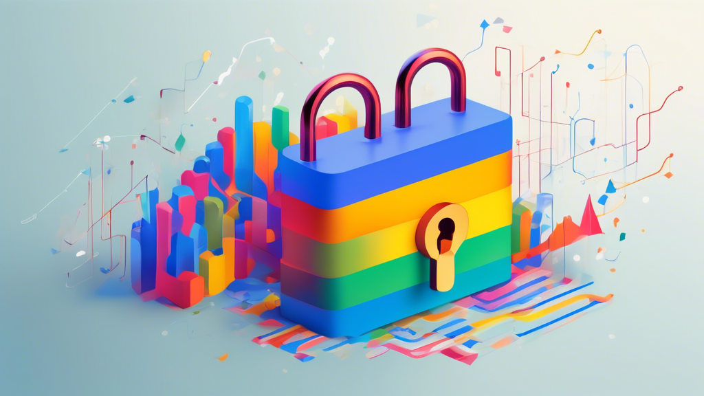 A key unlocking a padlock shaped like the Google My Business logo, with data visualizations and charts flowing out from behind.