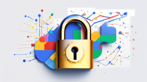 A key unlocking a padlock shaped like the Google My Business logo, with data charts and graphs flowing out from behind.