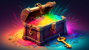 A giant key unlocking a treasure chest overflowing with colorful glowing leads.