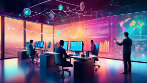Create an image of a dynamic, modern business office where analysts are surrounded by holographic data visualizations, graphs, and charts. The analysts are using advanced technology to interpret custo