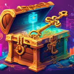 A giant ornate key unlocking a glowing treasure chest overflowing with charts, graphs, and data visualizations.