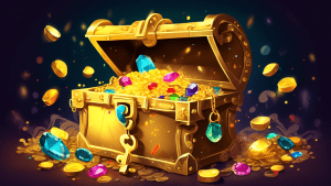 A golden key unlocking a treasure chest overflowing with gems and gold coins.