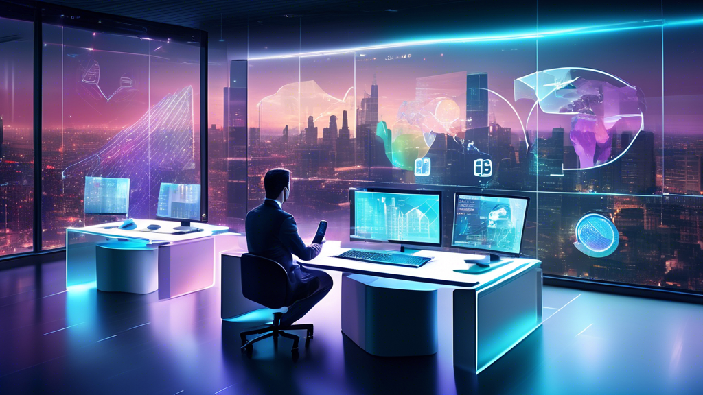 Create an image that depicts a futuristic office setting where professionals are analyzing real-time customer data on advanced transparent holographic screens. The screens display various charts, grap