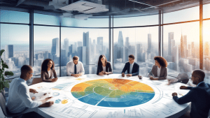 Create an image depicting a dynamic and innovative business landscape where a diverse team of professionals collaborate around a large table covered with blueprints, ideas, and charts. In the backgrou