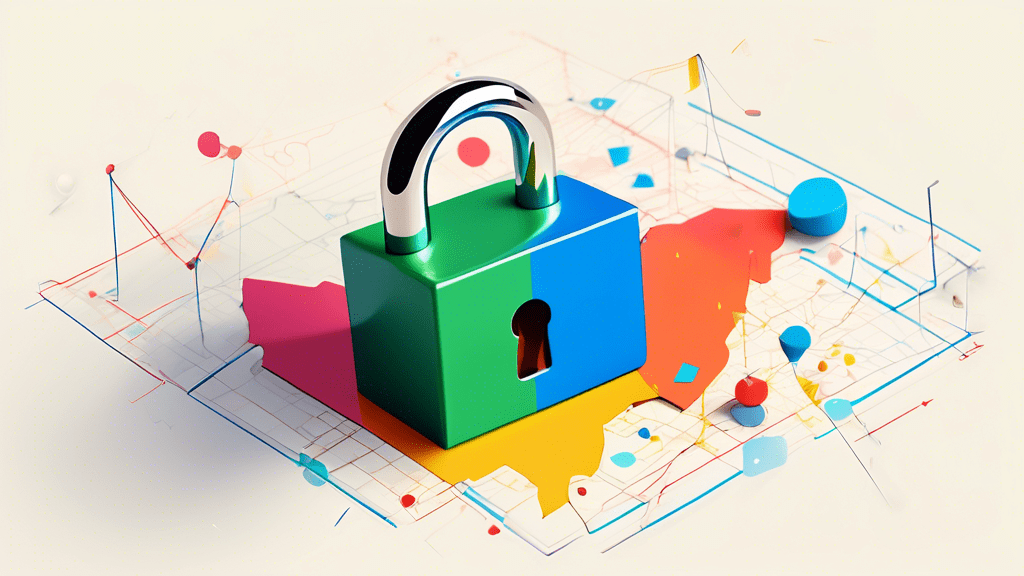 A padlock wrapped in a Google Maps location pin with data charts and graphs bursting out from underneath.