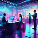 Create an image of a futuristic corporate office where holographic interfaces and AI-powered assistants are at work. Show diverse business professionals collaborating seamlessly with digital tools, ch