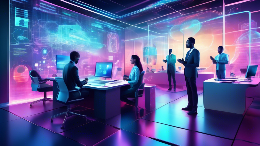 Create an image of a futuristic corporate office where holographic interfaces and AI-powered assistants are at work. Show diverse business professionals collaborating seamlessly with digital tools, ch