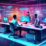 Create an image depicting a futuristic, high-tech workspace where a team of diverse professionals are collaboratively designing and customizing advanced technology. Show holograms and interactive 3D m
