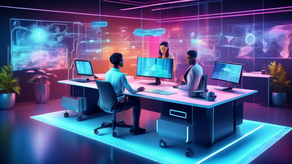 Create an image depicting a futuristic, high-tech workspace where a team of diverse professionals are collaboratively designing and customizing advanced technology. Show holograms and interactive 3D m