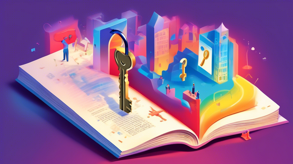 A giant key with the Google Maps pin logo unlocking a massive, glowing book titled Google Business Profile with small businesses storefronts emerging from the open pages.