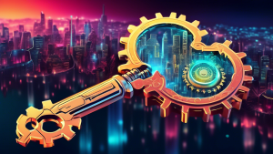 A glowing key hovering over a futuristic cityscape powered by intricate gears and cogs.