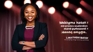 Create a digital portrait of Mbatha, a charismatic and confident emerging leader, dressed in professional attire, standing on a stage with a spotlight highlighting her. Include audiences clapping in t