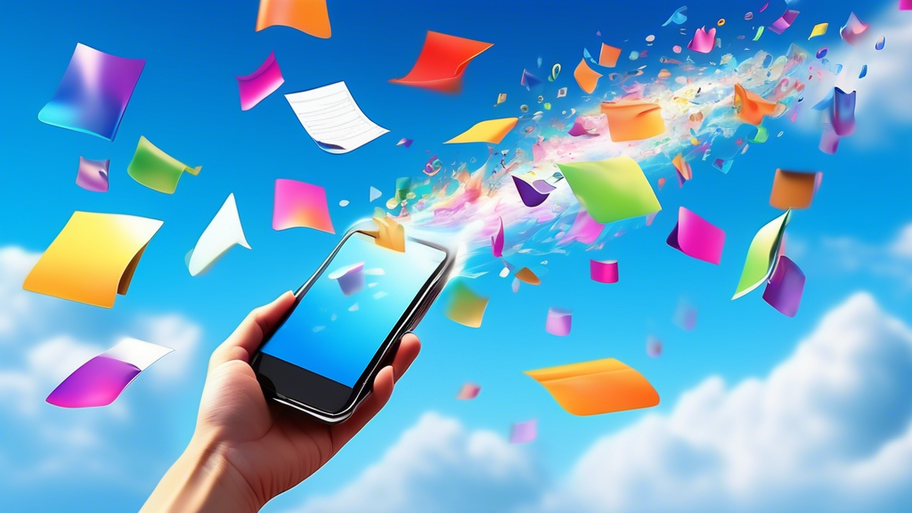 A hand holding a smartphone with multiple colorful MP3 music notes and files rapidly flying out of the phone's screen and into a bright, futuristic cloud storage system in a vibrant blue sky backgroun