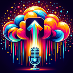 A microphone pointing towards a glowing cloud upload icon.