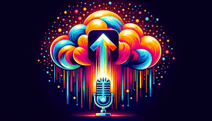 A microphone pointing towards a glowing cloud upload icon.