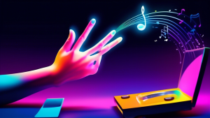A hand reaching out from a computer screen holding an MP3 player with a glowing music note floating above it.