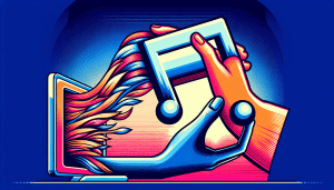 A hand reaching out from a computer screen, pulling a giant MP3 file into the digital world.