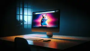 A lone computer sits on a desk in a dark room, illuminated by the glow of a website displaying a dancing hamster.