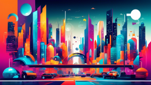 A futuristic cityscape is divided into colorful sections, each containing symbols representing different customer types.