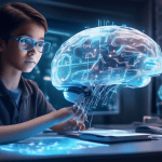 Create an image that illustrates an advanced AI language model, represented by a futuristic digital brain, assisting students with solving complex math problems. The AI should be depicted as a hologra