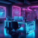 Create an image of a futuristic office where programmers are working alongside advanced AI holograms that assist in writing and debugging code on large floating screens. The environment should be fill