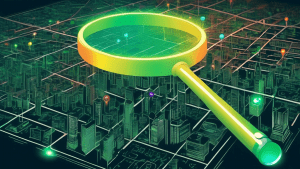 A giant magnifying glass hovering over a city map with hundreds of Google Maps pin icons, some glowing green to signify verification.