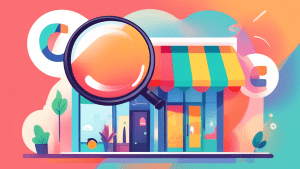 A storefront with a giant magnifying glass hovering over a Google My Business logo and a checkmark inside a speech bubble.