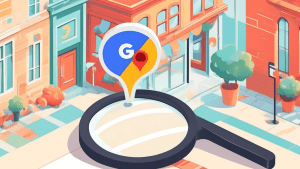 A storefront with a giant Google Maps pin sticking out of it and a magnifying glass hovering over the pin, inspecting it.