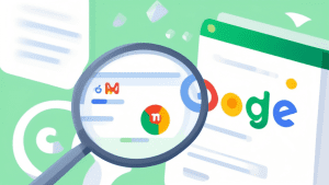 A magnifying glass hovering over a Google My Business profile page with a green checkmark signifying verification.
