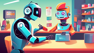 A friendly robot wearing a headset helps a customer at a counter with a confused expression