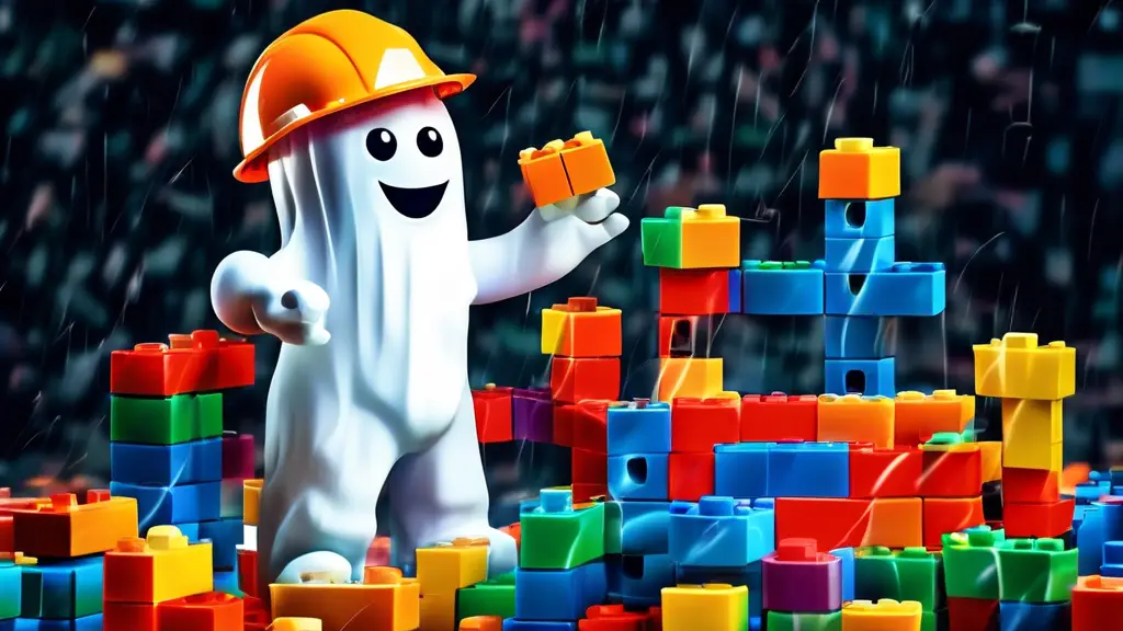 A friendly ghost wearing a hard hat, constructing a website out of building blocks