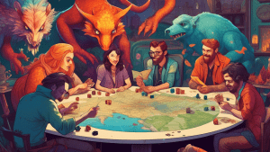 A group of friends gathered around a table, rolling dice and looking at a map with fantastical creatures and locations.