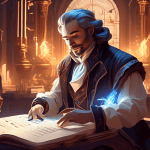 Create a digital illustration showcasing an advanced AI language model powering a modern day Bard. The Bard, dressed in contemporary yet timeless attire, holds a quill that glows with a futuristic lig