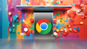 A storefront with the Google Chrome logo on it, bursting through a digital wall with a search bar and location pin.