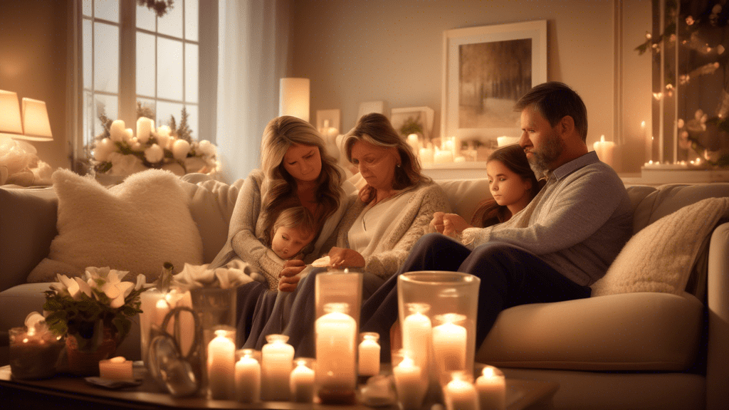 Create an image that depicts a serene and comforting scene of a family in a beautifully decorated living room, with soft, warm lighting. The family is gathered together, sharing a peaceful, heartfelt