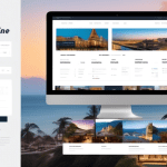 A sleek, modern website interface displaying a customizable travel booking engine. The website features a prominent logo area where different travel brands can showcase their unique branding. The book