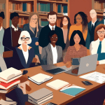 Create an image showing a diverse group of people, including various ages, ethnicities, and professional backgrounds, gathered around a table filled with law books, laptops, and legal documents. Some