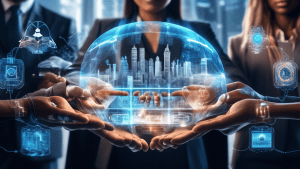 Create a detailed image of diverse people from various professions and backgrounds, each holding a different large language model (LLM) hologram in their hands. Surround this scene with iconic symbols