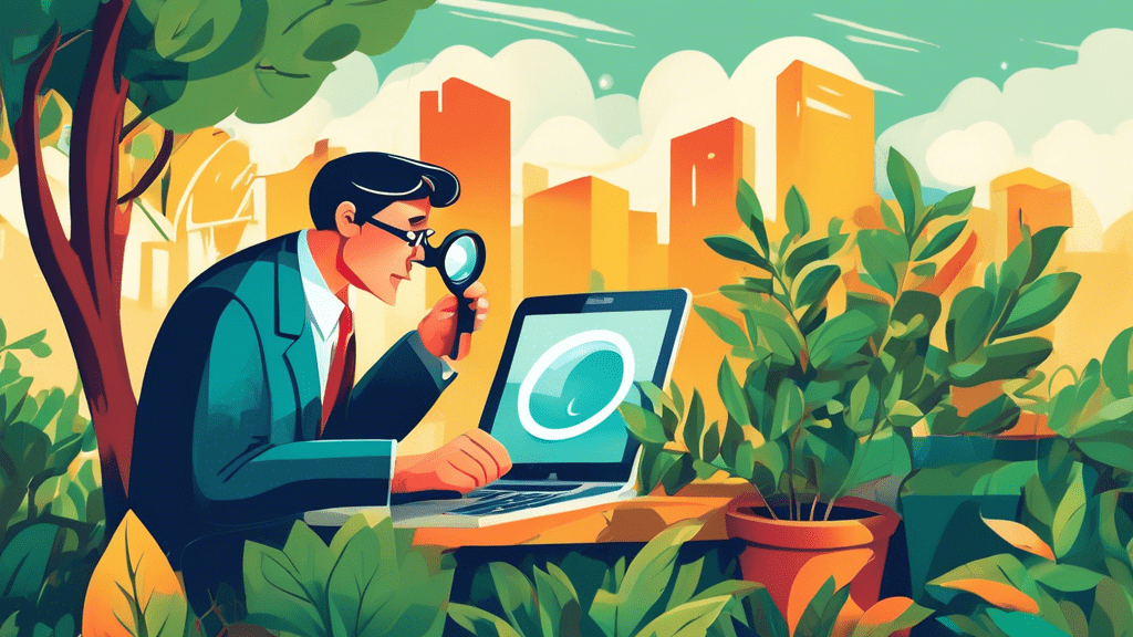 A frustrated business owner looking at a laptop with a magnifying glass, searching for their Google business profile which is hidden behind a bush.