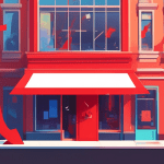 A storefront with a giant Google Maps pin stuck through it and a red suspended banner draped across the building.