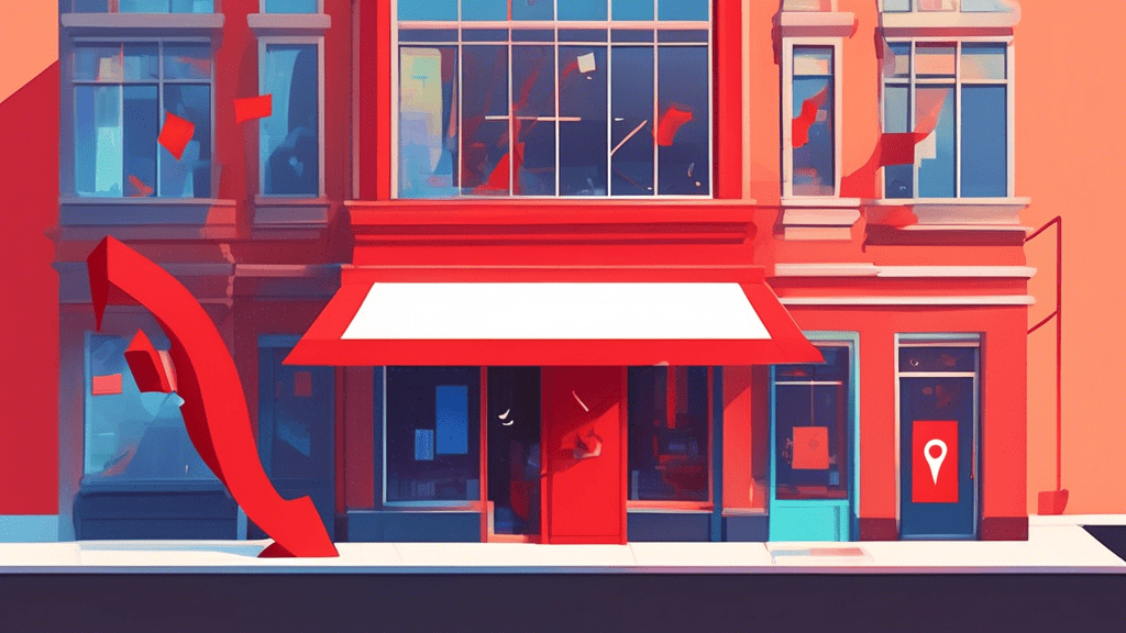 A storefront with a giant Google Maps pin stuck through it and a red suspended banner draped across the building.