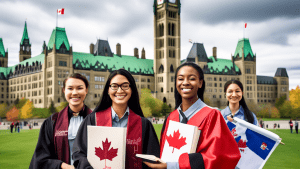 Create an image depicting a diverse group of international students in academic regalia, holding law books, and smiling in front of an iconic Canadian landmark like the Parliament Hill in Ottawa. In t