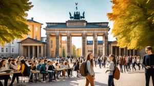 A vibrant, picturesque German university campus with students from various backgrounds engaging in lively discussions. In the background, iconic German landmarks like the Brandenburg Gate and Neuschwa