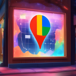 A storefront window with a giant Google Maps pin and glowing reviews floating around it.