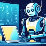 Create an illustration showing a friendly and futuristic AI janitor (represented as a robot or a piece of software) cleaning up data and organizing files. The background could be a sleek, high-tech en