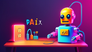 A colorful and friendly robot plugging a giant, glowing Wix logo into a power outlet with the words API Essentials displayed on a monitor.
