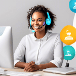 DALL-E Prompt: A friendly and approachable customer support representative sitting at a desk, wearing a headset and smiling while assisting a customer. The representative is surrounded by floating Wix