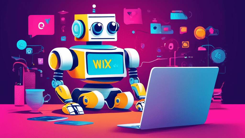 A friendly robot using a laptop with the Wix logo on the screen, surrounded by website design elements.